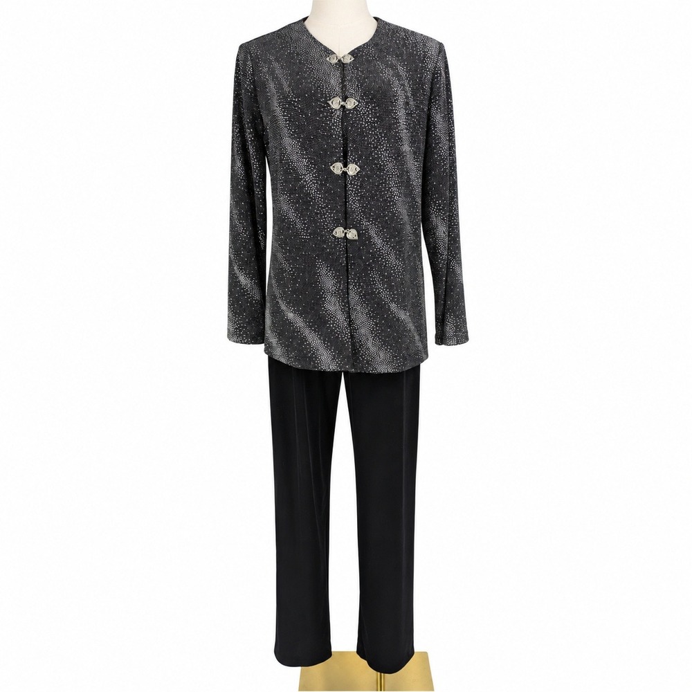 Vintage Teddi Evening Pant Set Women 10 Black Silver Metallic Glitter Velvet 90s
